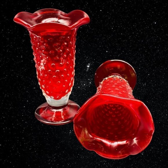 Vintage Set of 2 Art Glass Hand Blown Ruby Red Hobnail Bud Vases 6”T 3.75”W - Picture 5 of 11